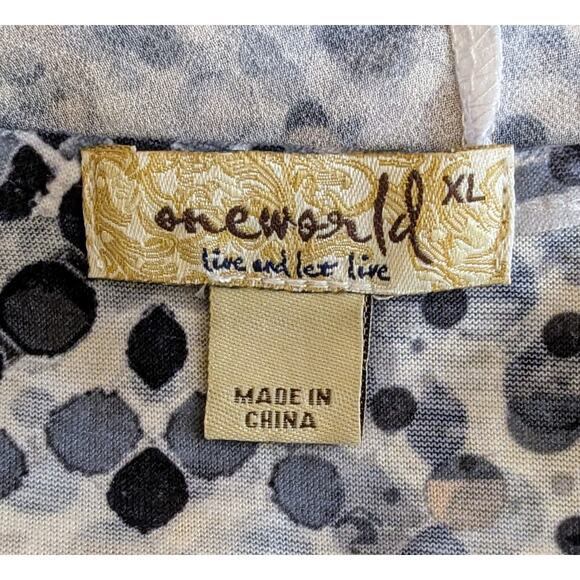 One World Top Blouse XL Gray Mixed Print Sheer Layered Scarf Flutter Sleeve - Picture 10 of 12